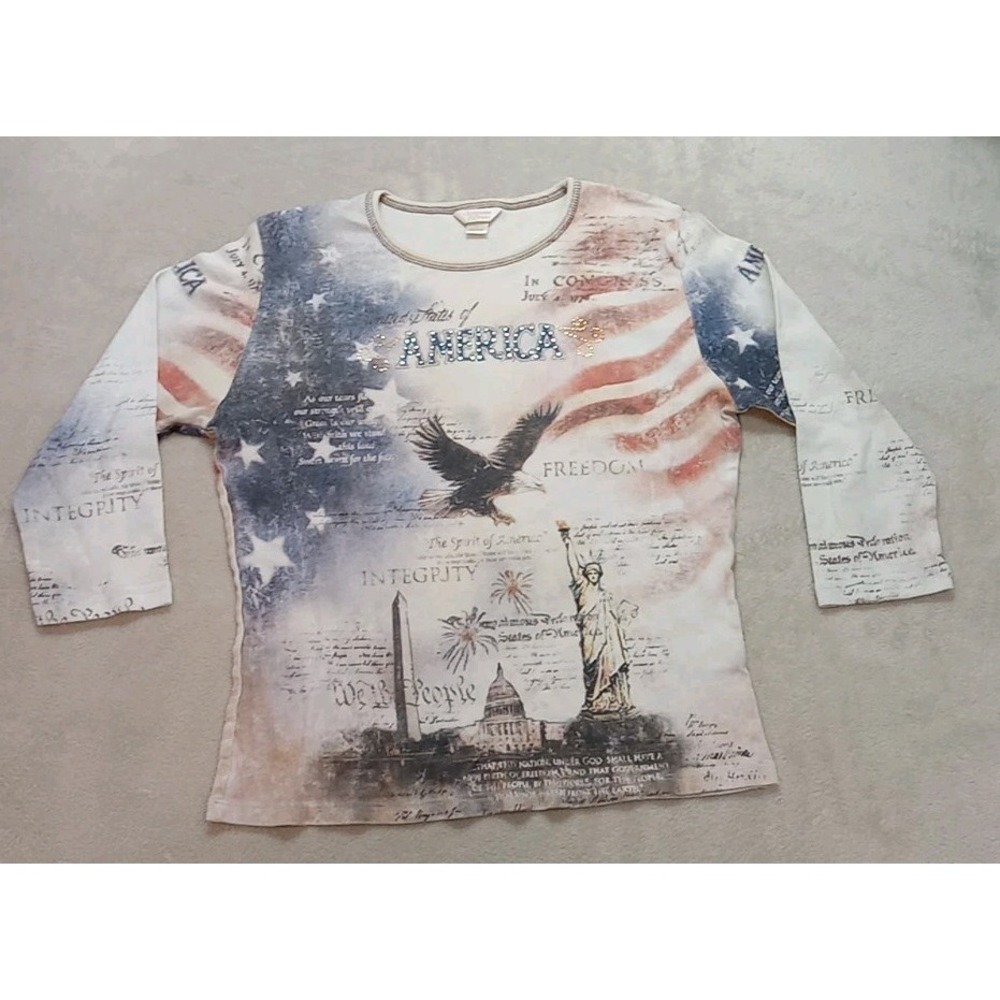 CHRISTOPHER & BANKS womens Sz L America ¾ long sleeve Tshirt pullover USA